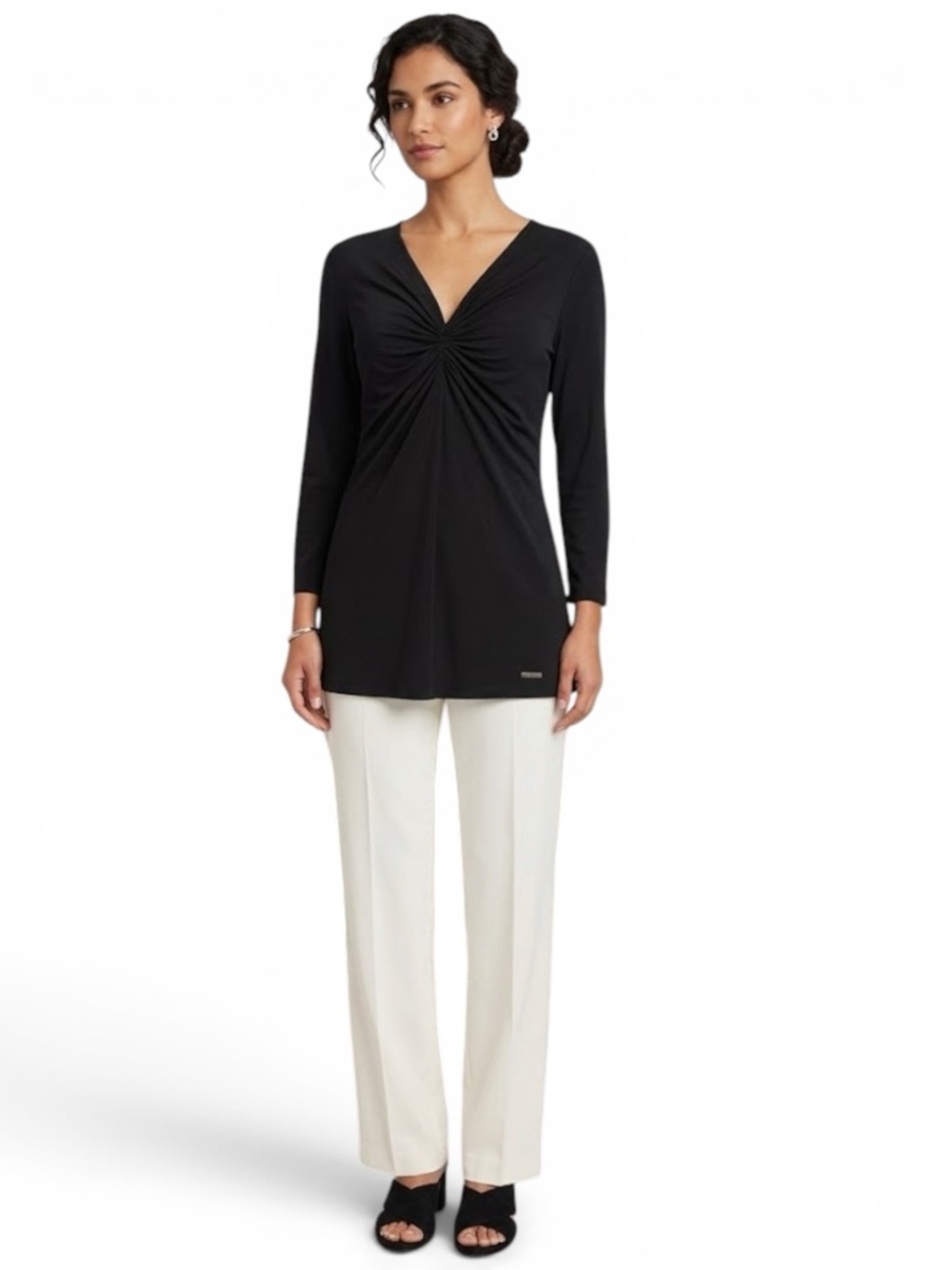 Michael Kors Black Ruched V-Neck Top Size M | Elegant Stretch Knit Long Sleeve - Picture 2 of 13